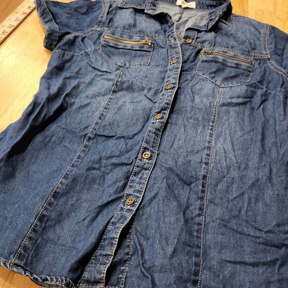 y2k Denim Cest Toi Denim Button Front Cap Sleeve Collared Top Zip Pocket - Picture 2 of 9